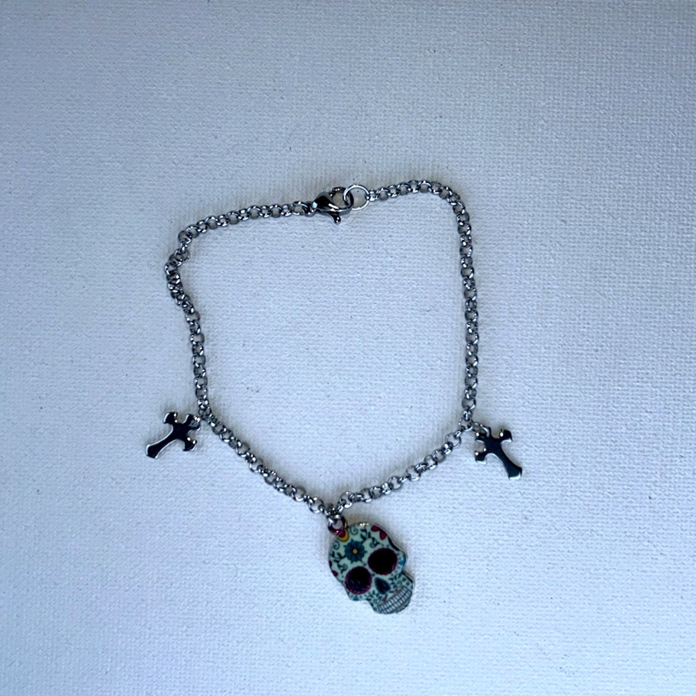 Wicca Party Sugar Skull/Cross Halloween Day of Dead Stainless Steel 8” Bracelet